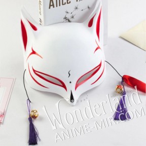 Японская карнавальная маска лисы кицунэ (большая бело-красная с точкой)